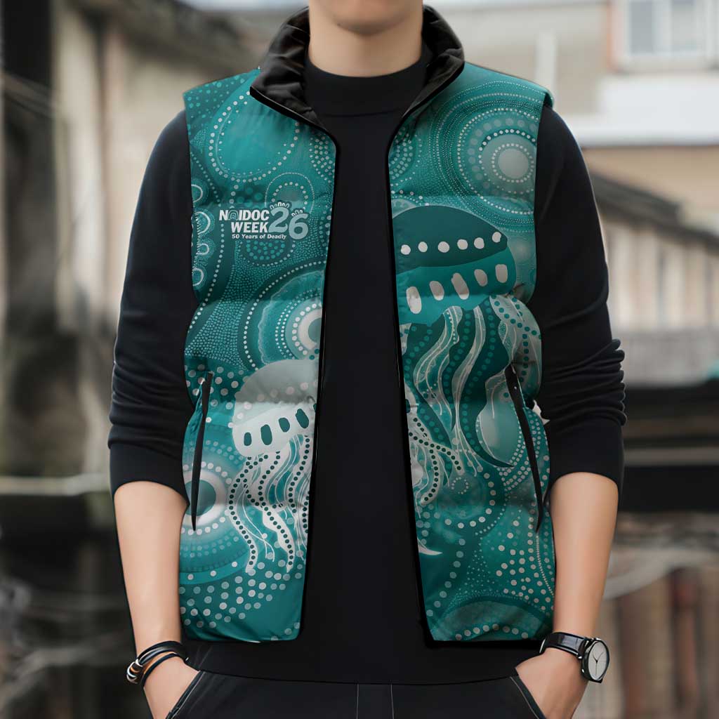 NAIDOC Deadly 50 Years Sleeveless Puffer Jacket Jellyfish Aboriginal Culture Inspired Turquoise