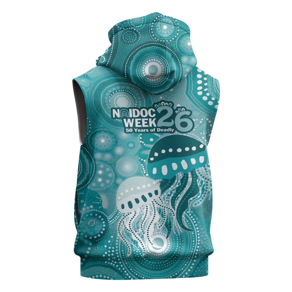 NAIDOC Deadly 50 Years Sleeveless Zip Hoodie Jellyfish Aboriginal Culture Inspired Turquoise
