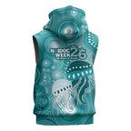 NAIDOC Deadly 50 Years Sleeveless Zip Hoodie Jellyfish Aboriginal Culture Inspired Turquoise