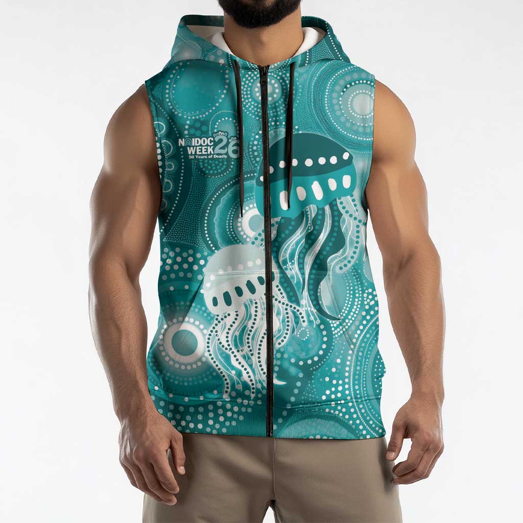 NAIDOC Deadly 50 Years Sleeveless Zip Hoodie Jellyfish Aboriginal Culture Inspired Turquoise
