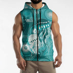 NAIDOC Deadly 50 Years Sleeveless Zip Hoodie Jellyfish Aboriginal Culture Inspired Turquoise