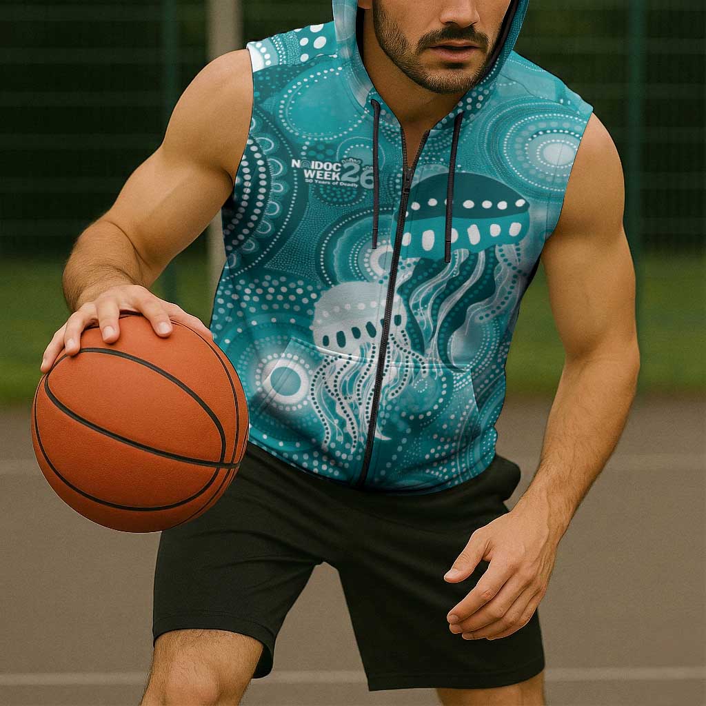 NAIDOC Deadly 50 Years Sleeveless Zip Hoodie Jellyfish Aboriginal Culture Inspired Turquoise