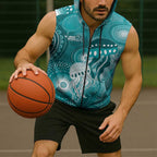 NAIDOC Deadly 50 Years Sleeveless Zip Hoodie Jellyfish Aboriginal Culture Inspired Turquoise