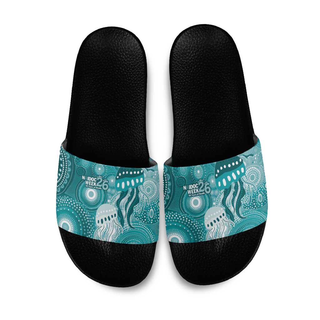 NAIDOC Deadly 50 Years Slide Sandals Jellyfish Aboriginal Culture Inspired Turquoise
