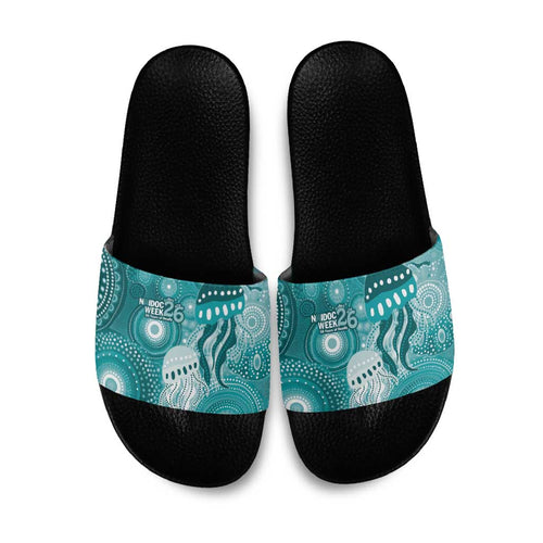NAIDOC Deadly 50 Years Slide Sandals Jellyfish Aboriginal Culture Inspired Turquoise