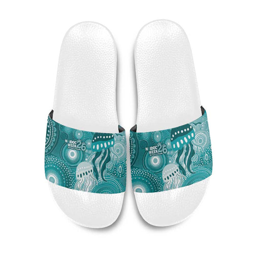 NAIDOC Deadly 50 Years Slide Sandals Jellyfish Aboriginal Culture Inspired Turquoise