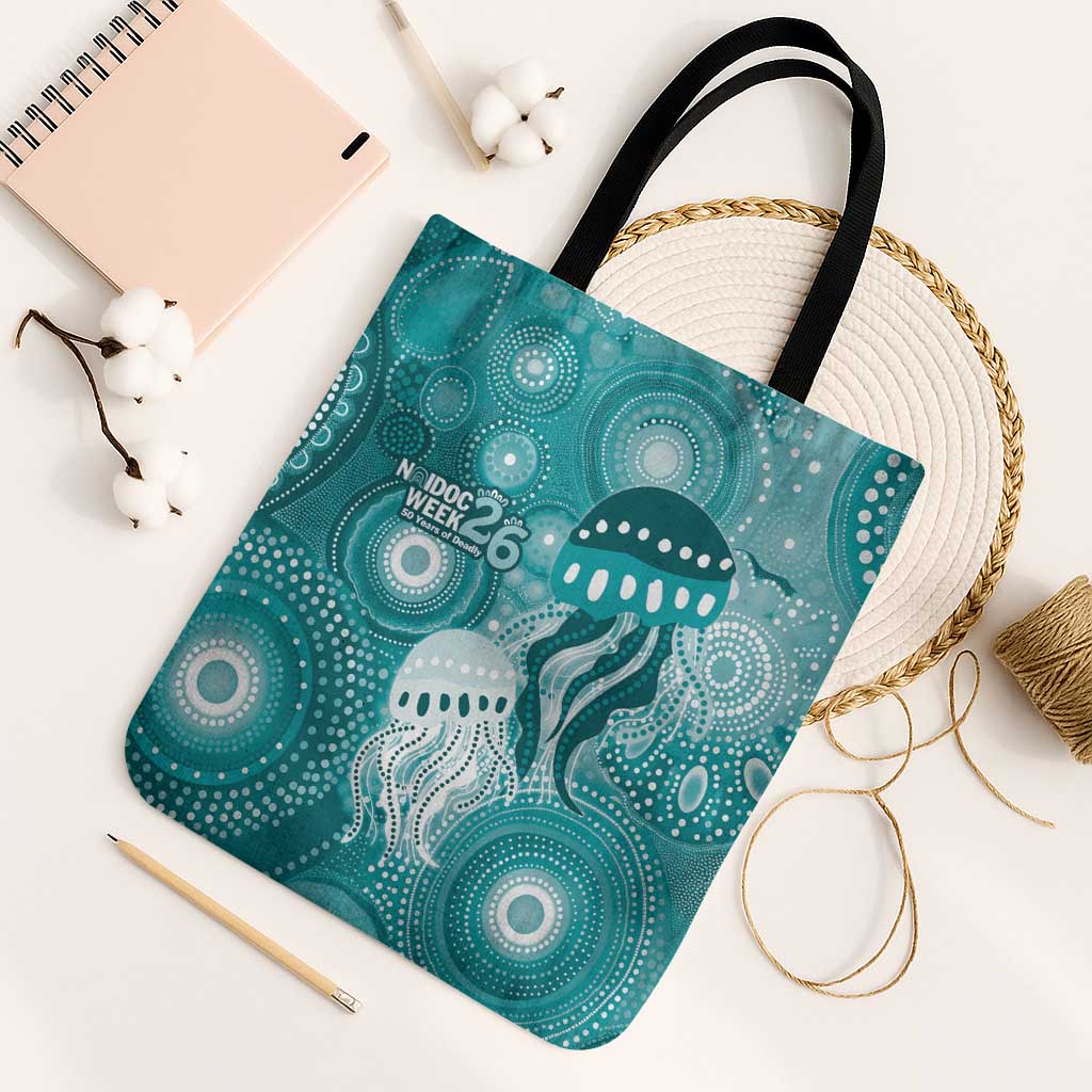 NAIDOC Deadly 50 Years Tote Bag Jellyfish Aboriginal Culture Inspired Turquoise