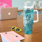 NAIDOC Deadly 50 Years Tumbler With Handle Jellyfish Aboriginal Culture Inspired Turquoise