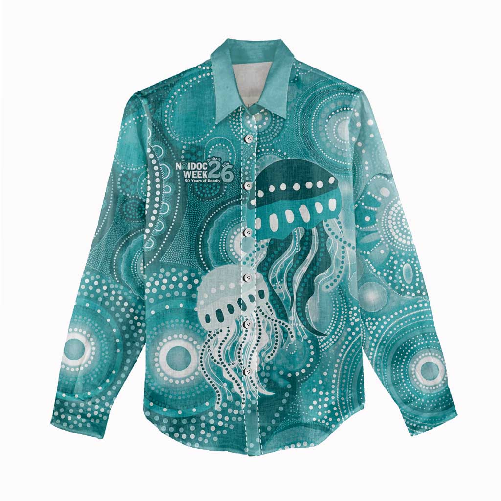 NAIDOC Deadly 50 Years Women Casual Shirt Jellyfish Aboriginal Culture Inspired Turquoise
