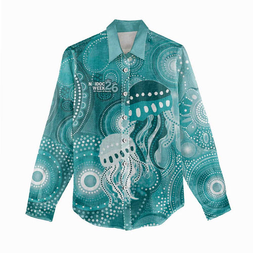 NAIDOC Deadly 50 Years Women Casual Shirt Jellyfish Aboriginal Culture Inspired Turquoise