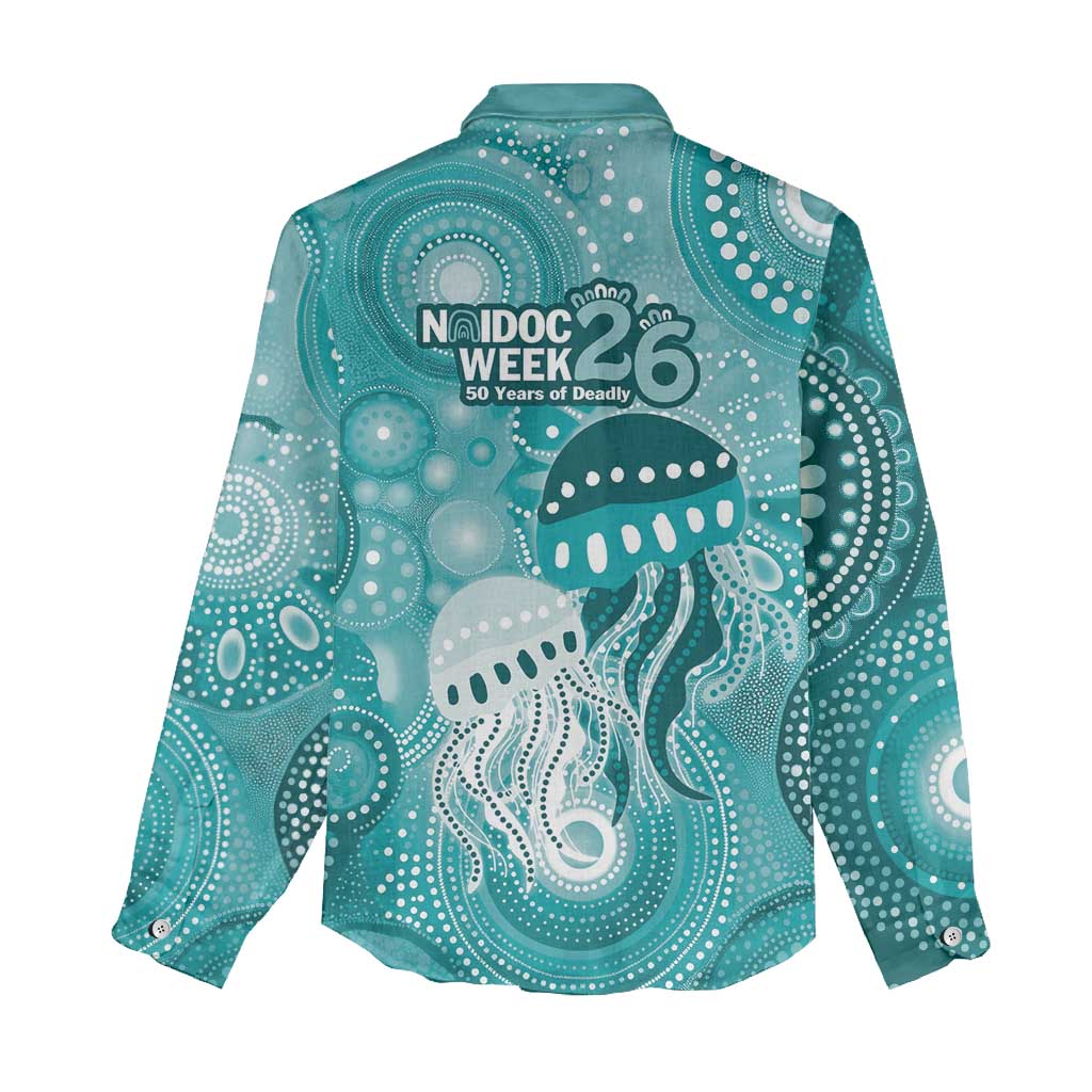 NAIDOC Deadly 50 Years Women Casual Shirt Jellyfish Aboriginal Culture Inspired Turquoise
