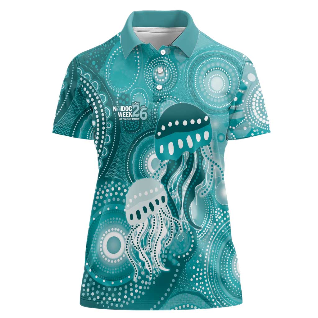 NAIDOC Deadly 50 Years Women Polo Shirt Jellyfish Aboriginal Culture Inspired Turquoise