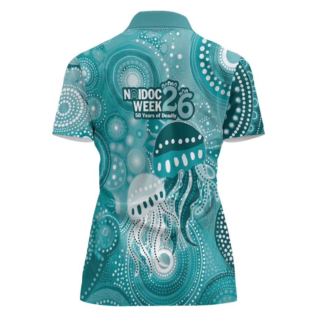 NAIDOC Deadly 50 Years Women Polo Shirt Jellyfish Aboriginal Culture Inspired Turquoise