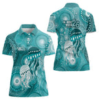 NAIDOC Deadly 50 Years Women Polo Shirt Jellyfish Aboriginal Culture Inspired Turquoise