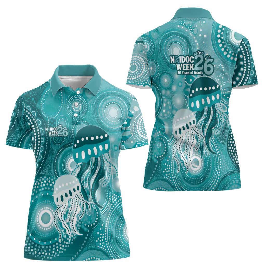 NAIDOC Deadly 50 Years Women Polo Shirt Jellyfish Aboriginal Culture Inspired Turquoise