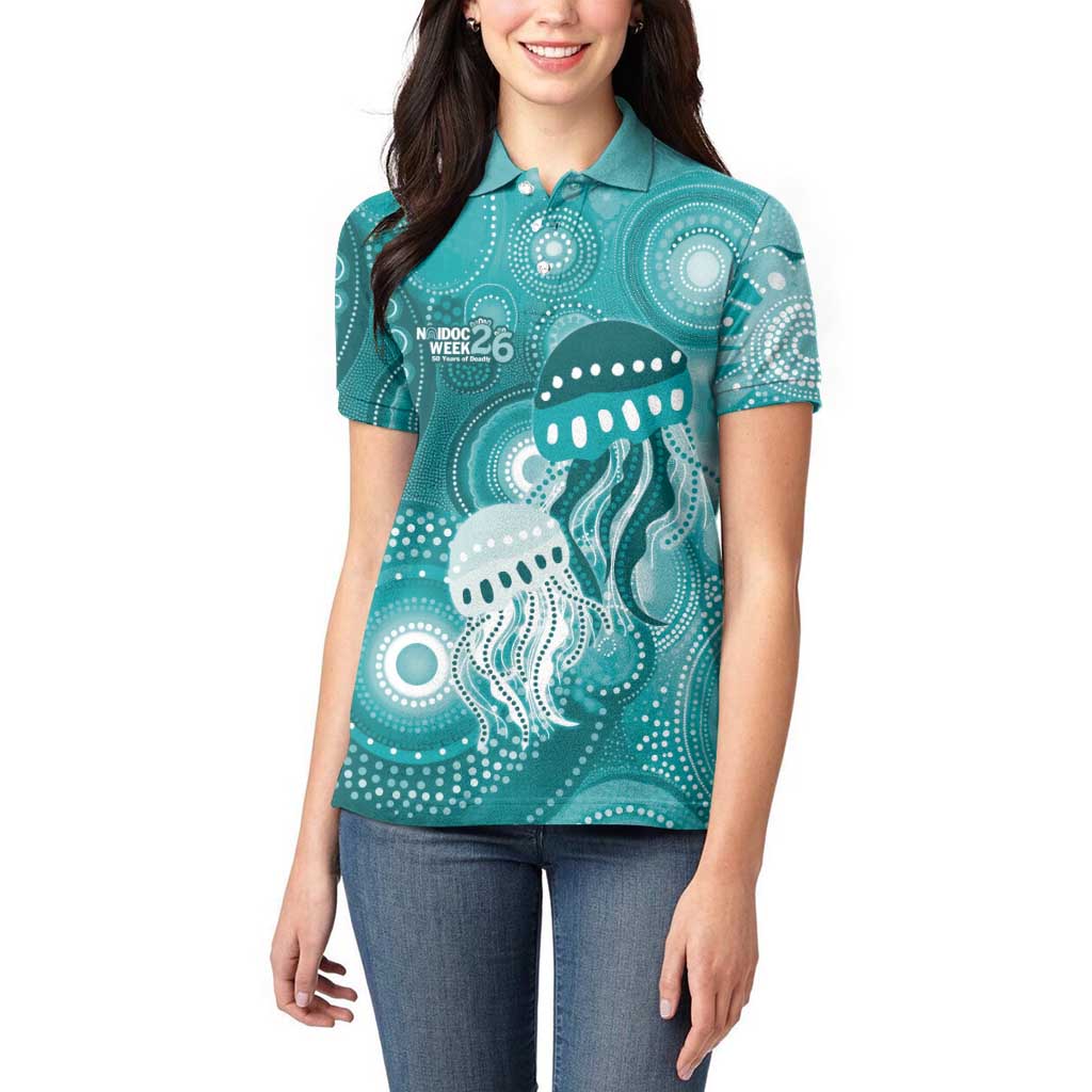 NAIDOC Deadly 50 Years Women Polo Shirt Jellyfish Aboriginal Culture Inspired Turquoise