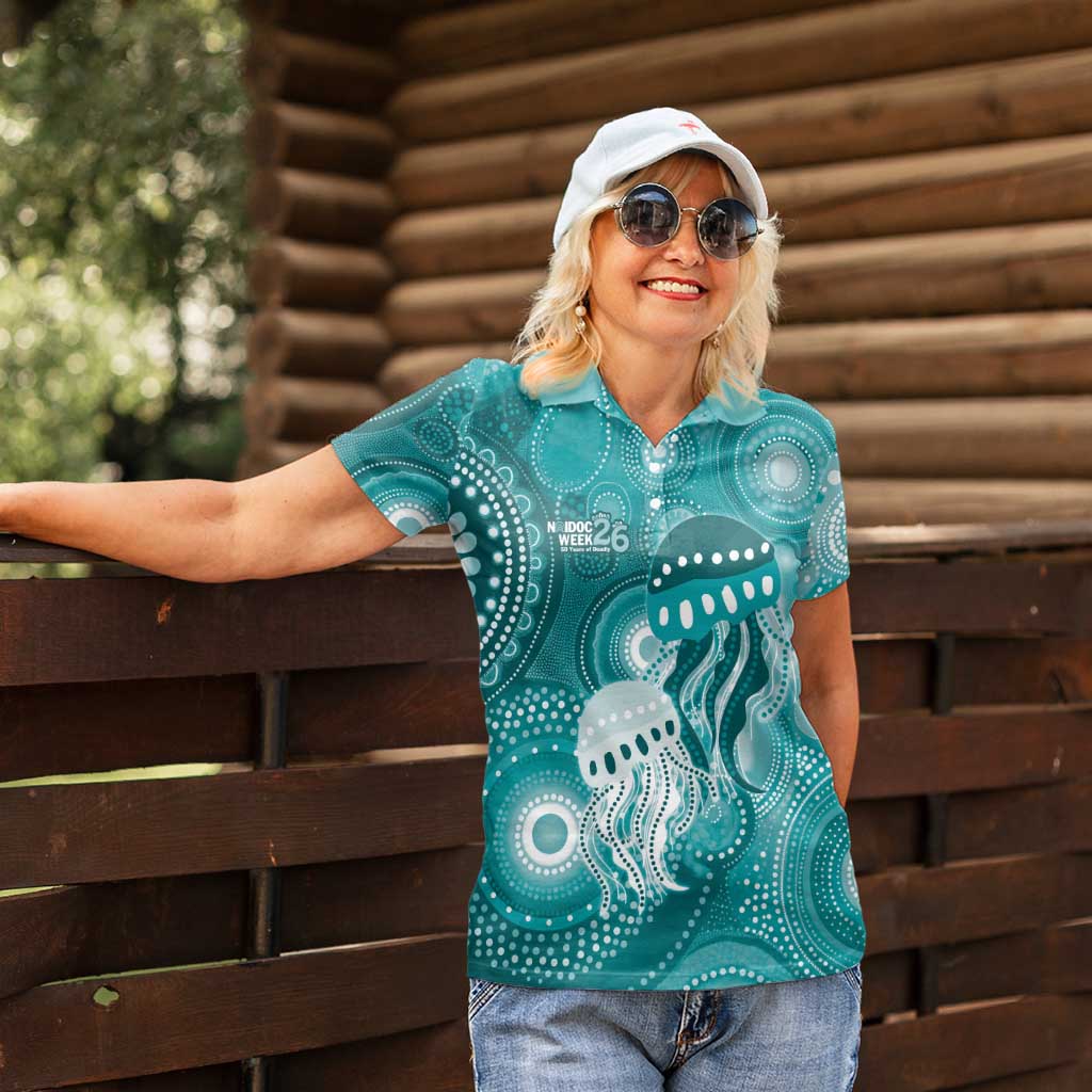 NAIDOC Deadly 50 Years Women Polo Shirt Jellyfish Aboriginal Culture Inspired Turquoise