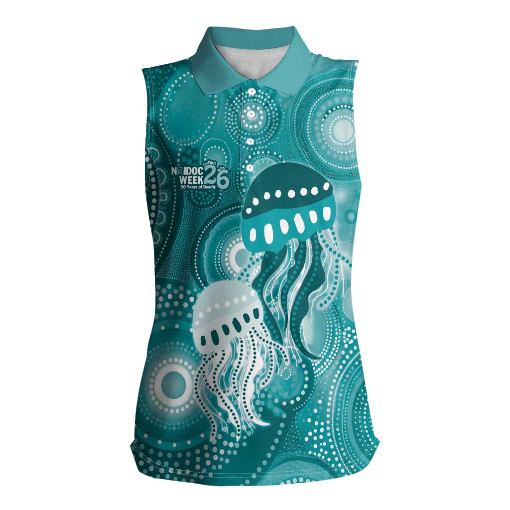 NAIDOC Deadly 50 Years Women Sleeveless Polo Shirt Jellyfish Aboriginal Culture Inspired Turquoise