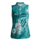 NAIDOC Deadly 50 Years Women Sleeveless Polo Shirt Jellyfish Aboriginal Culture Inspired Turquoise
