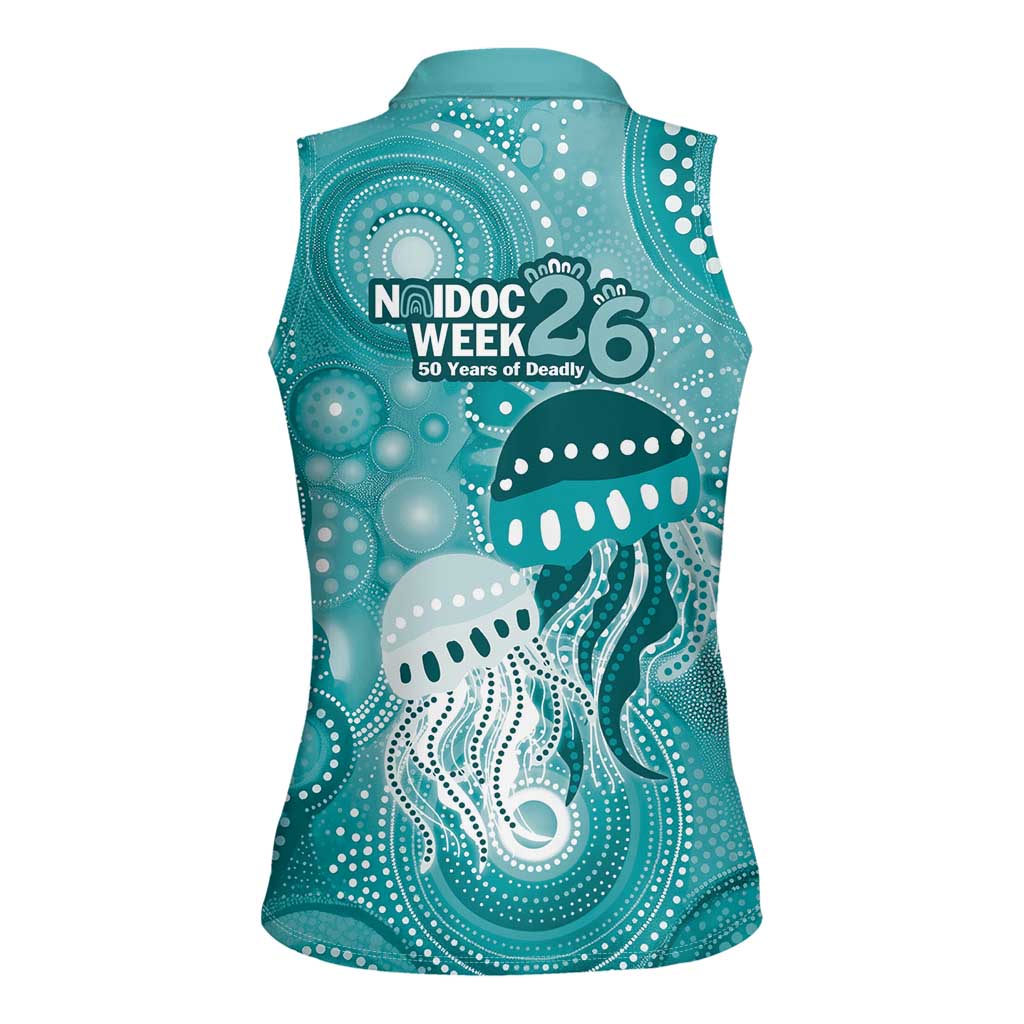 NAIDOC Deadly 50 Years Women Sleeveless Polo Shirt Jellyfish Aboriginal Culture Inspired Turquoise
