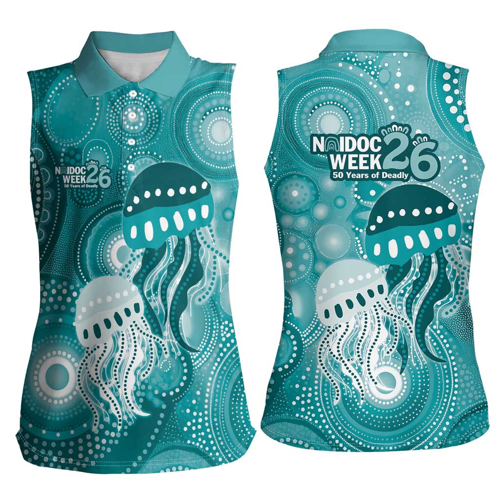 NAIDOC Deadly 50 Years Women Sleeveless Polo Shirt Jellyfish Aboriginal Culture Inspired Turquoise