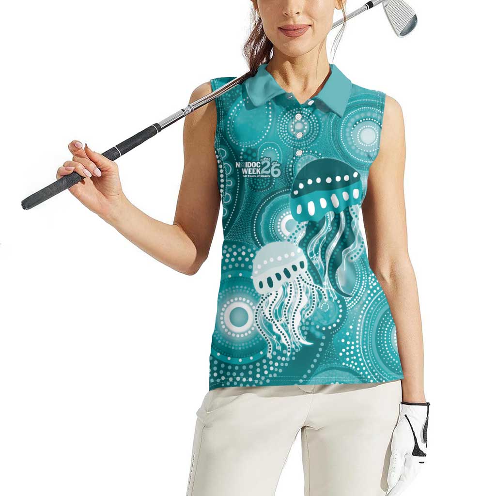 NAIDOC Deadly 50 Years Women Sleeveless Polo Shirt Jellyfish Aboriginal Culture Inspired Turquoise