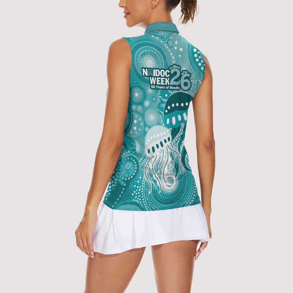 NAIDOC Deadly 50 Years Women Sleeveless Polo Shirt Jellyfish Aboriginal Culture Inspired Turquoise