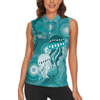 NAIDOC Deadly 50 Years Women Sleeveless Polo Shirt Jellyfish Aboriginal Culture Inspired Turquoise