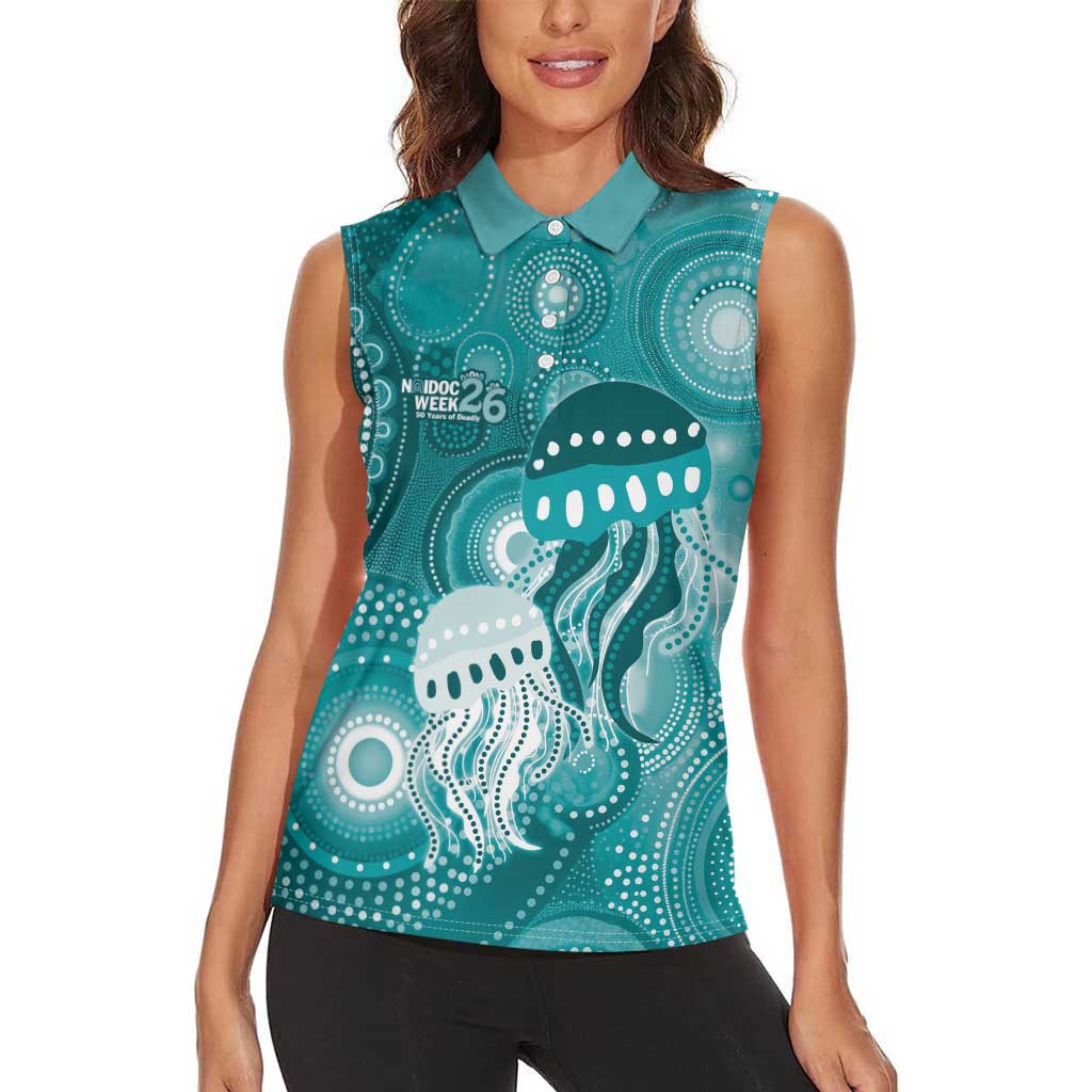 NAIDOC Deadly 50 Years Women Sleeveless Polo Shirt Jellyfish Aboriginal Culture Inspired Turquoise