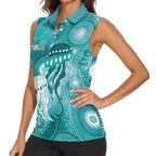 NAIDOC Deadly 50 Years Women Sleeveless Polo Shirt Jellyfish Aboriginal Culture Inspired Turquoise