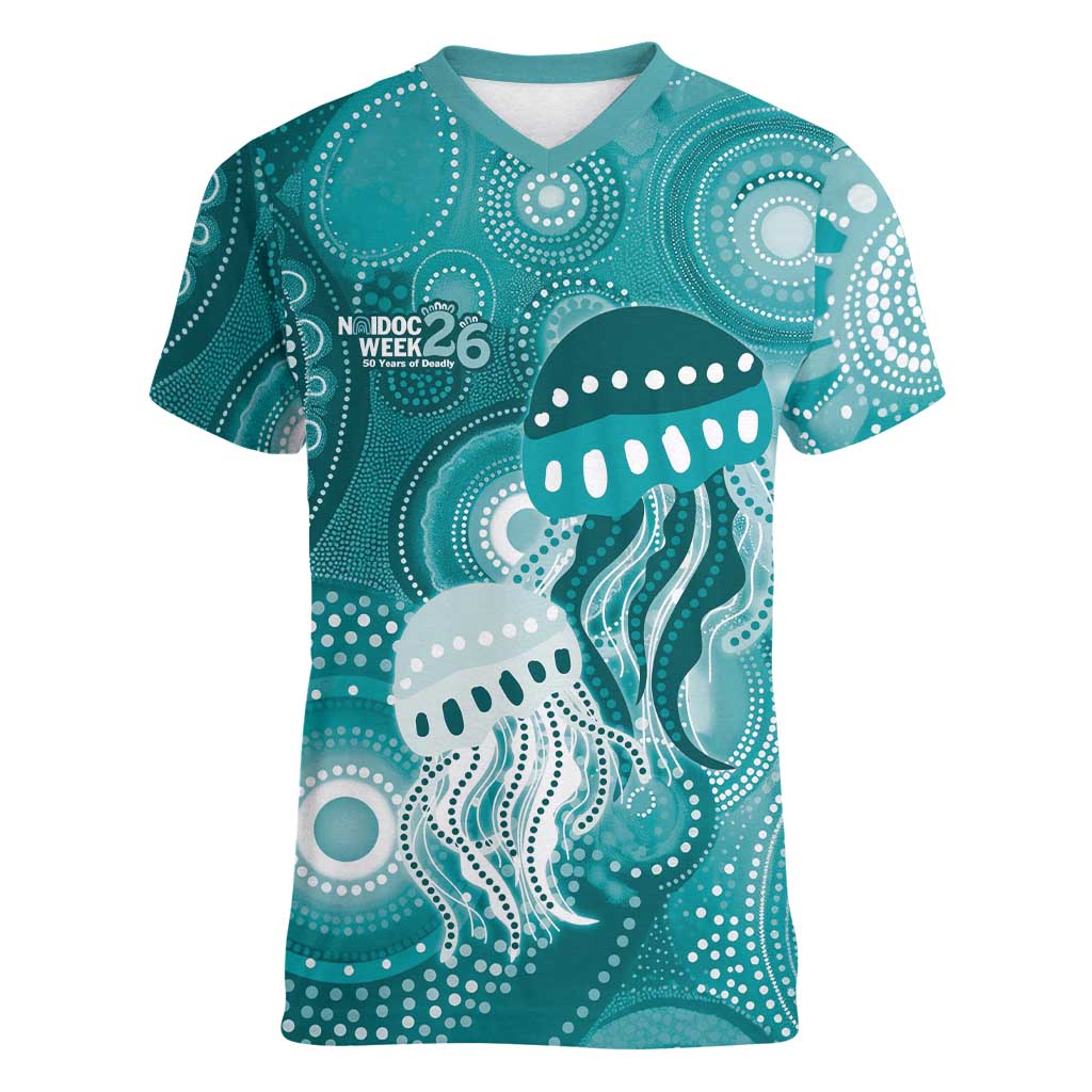 NAIDOC Deadly 50 Years Women V-Neck T-Shirt Jellyfish Aboriginal Culture Inspired Turquoise
