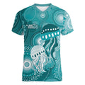 NAIDOC Deadly 50 Years Women V-Neck T-Shirt Jellyfish Aboriginal Culture Inspired Turquoise