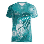 NAIDOC Deadly 50 Years Women V-Neck T-Shirt Jellyfish Aboriginal Culture Inspired Turquoise