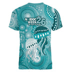 NAIDOC Deadly 50 Years Women V-Neck T-Shirt Jellyfish Aboriginal Culture Inspired Turquoise