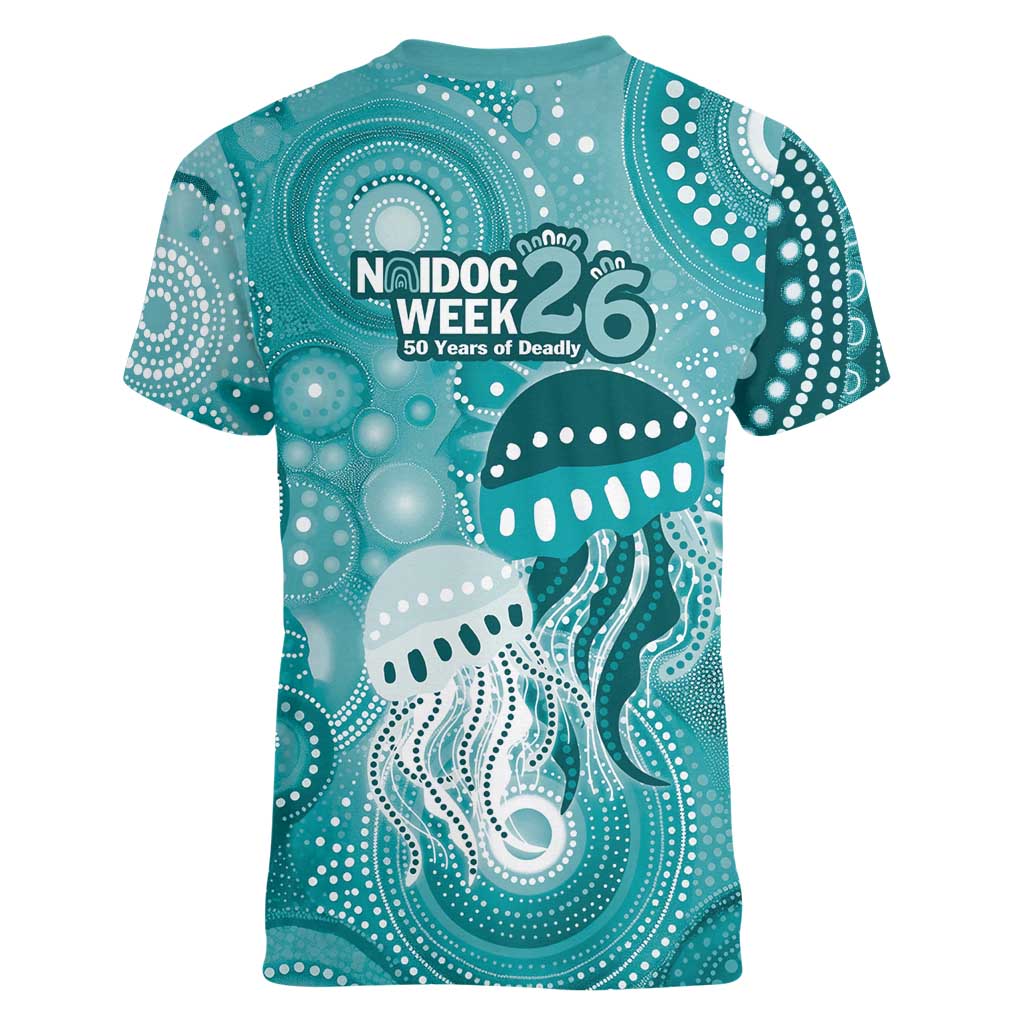NAIDOC Deadly 50 Years Women V-Neck T-Shirt Jellyfish Aboriginal Culture Inspired Turquoise