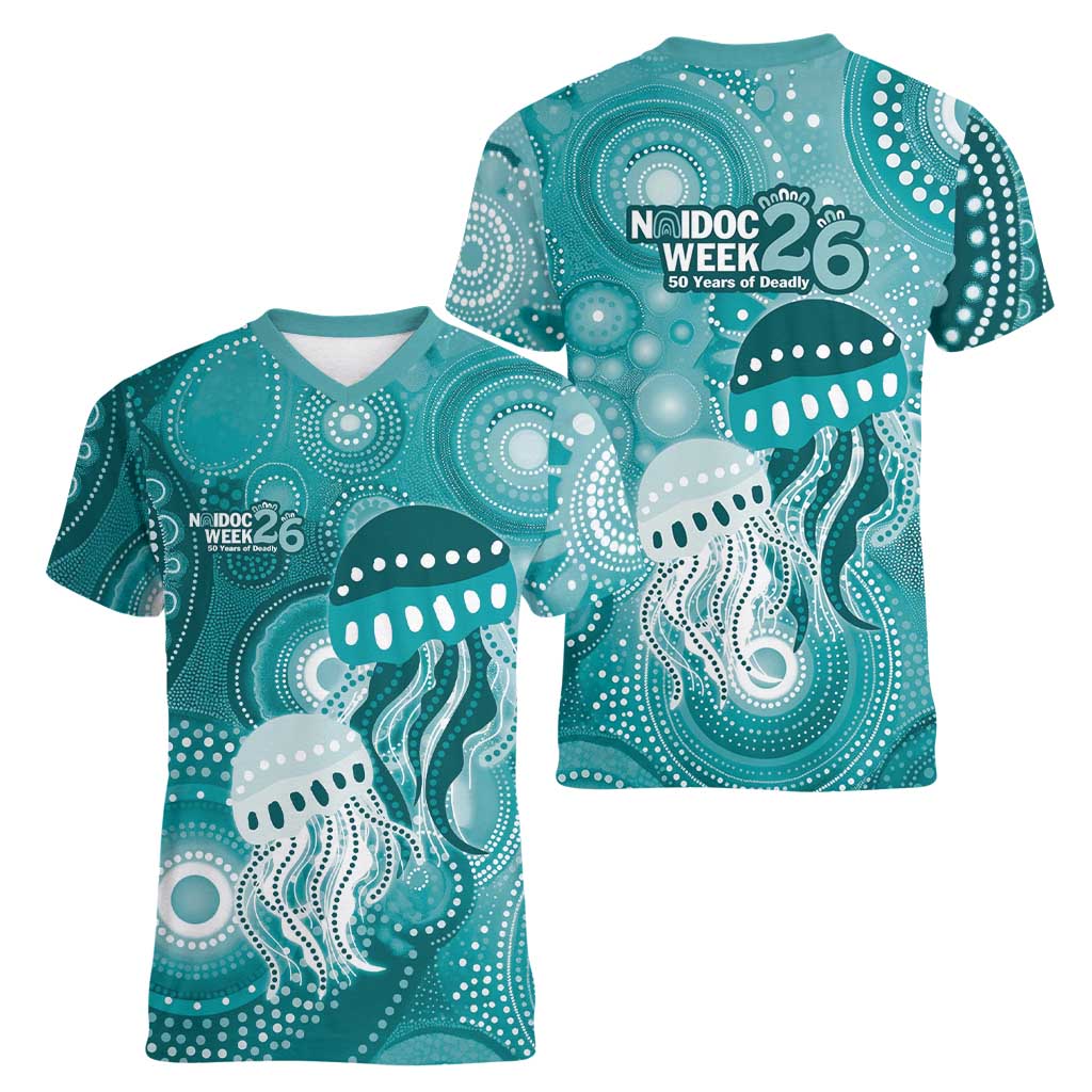 NAIDOC Deadly 50 Years Women V-Neck T-Shirt Jellyfish Aboriginal Culture Inspired Turquoise