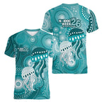 NAIDOC Deadly 50 Years Women V-Neck T-Shirt Jellyfish Aboriginal Culture Inspired Turquoise