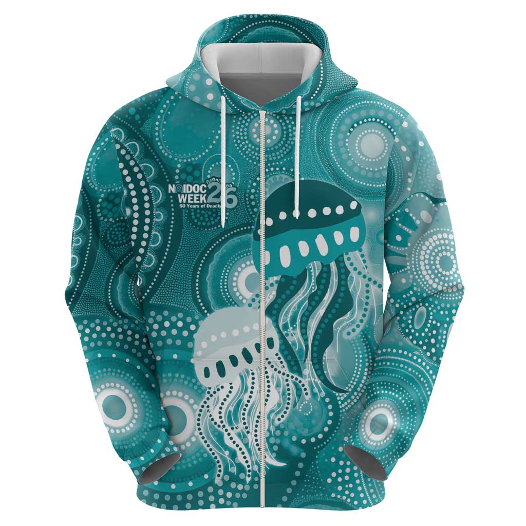 NAIDOC Deadly 50 Years Zip Hoodie Jellyfish Aboriginal Culture Inspired Turquoise
