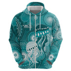 NAIDOC Deadly 50 Years Zip Hoodie Jellyfish Aboriginal Culture Inspired Turquoise