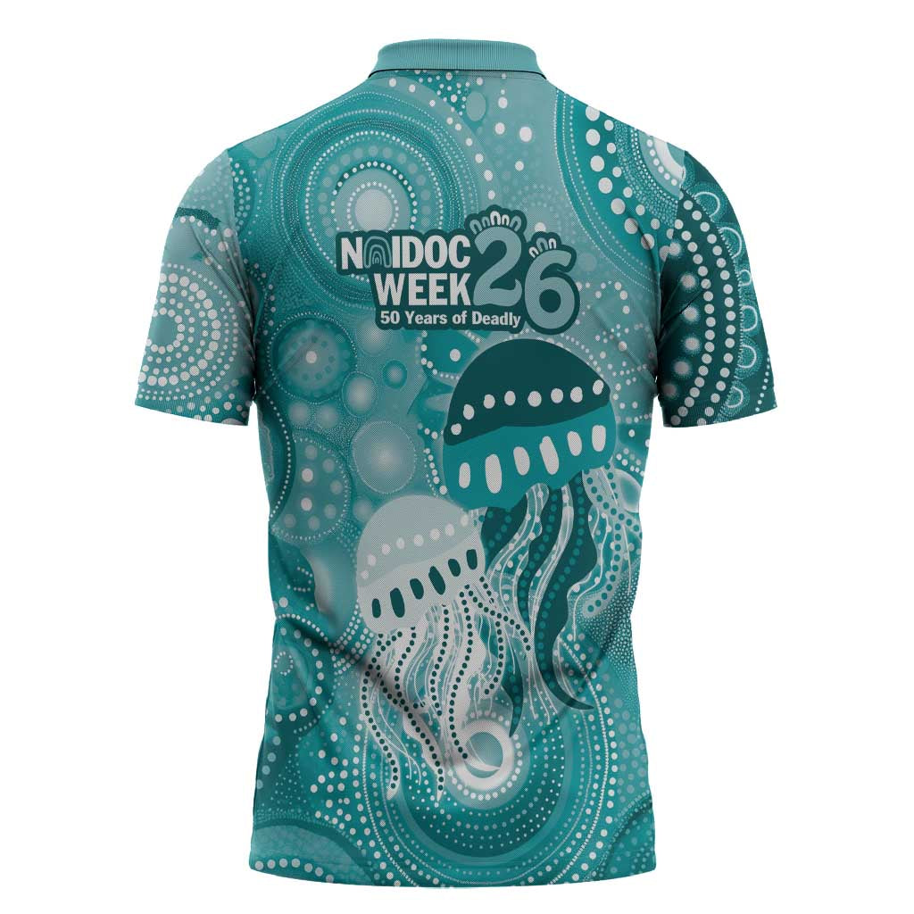 NAIDOC Deadly 50 Years Zipper Polo Shirt Jellyfish Aboriginal Culture Inspired Turquoise