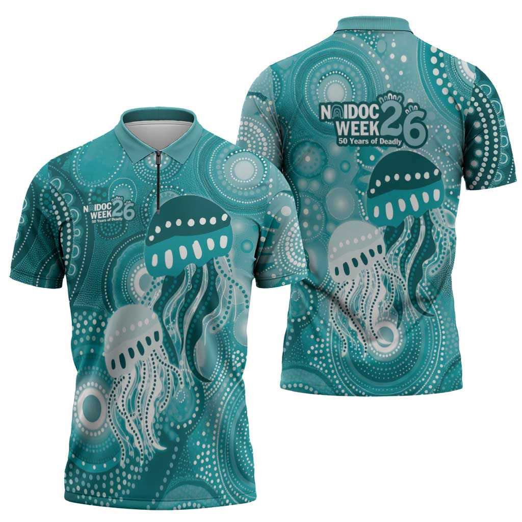 NAIDOC Deadly 50 Years Zipper Polo Shirt Jellyfish Aboriginal Culture Inspired Turquoise