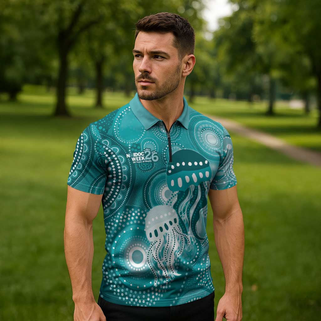 NAIDOC Deadly 50 Years Zipper Polo Shirt Jellyfish Aboriginal Culture Inspired Turquoise