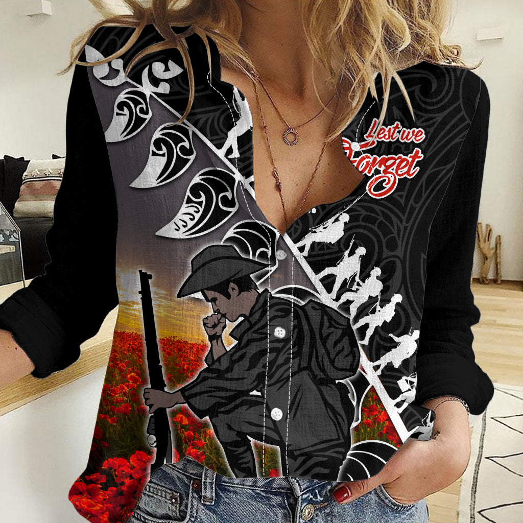 (Custom Personalised) Aotearoa ANZAC Day Women Casual Shirt Maori Fern With Poppy Vibe LT9