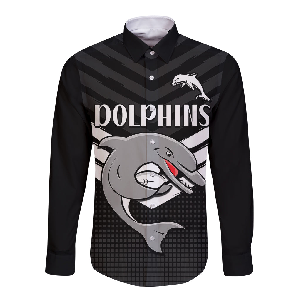 custom-text-and-number-redcliffe-dolphins-rugby-long-sleeve-button-shirt-simple-black-style