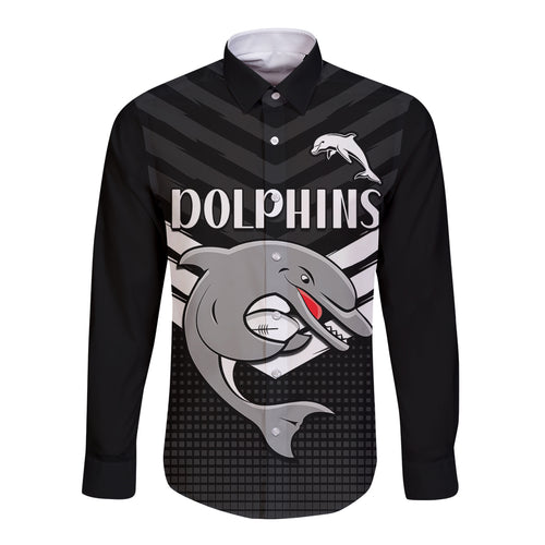 custom-text-and-number-redcliffe-dolphins-rugby-long-sleeve-button-shirt-simple-black-style