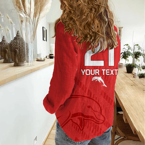 (Custom Text And Number) NRL Dolphins Rugby Women Casual Shirt Simple Red Style 2023 LT9