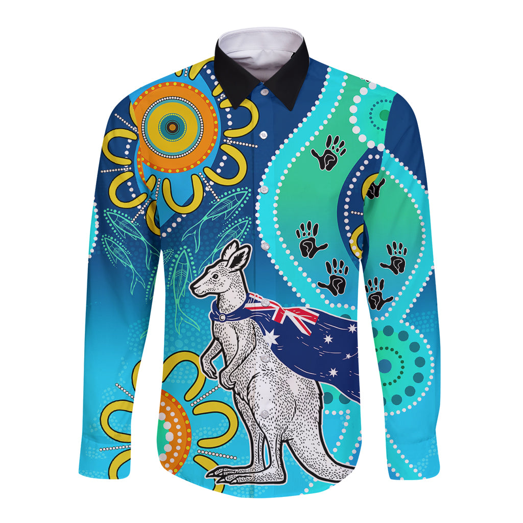 personalised-australia-kangaroo-long-sleeve-button-shirt-aboriginal-tribal-art-stylization