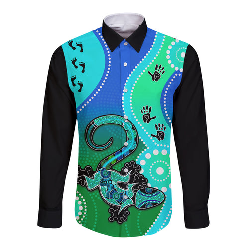 personalised-australia-lizard-long-sleeve-button-shirt-aboriginal-tribal-art-stylization