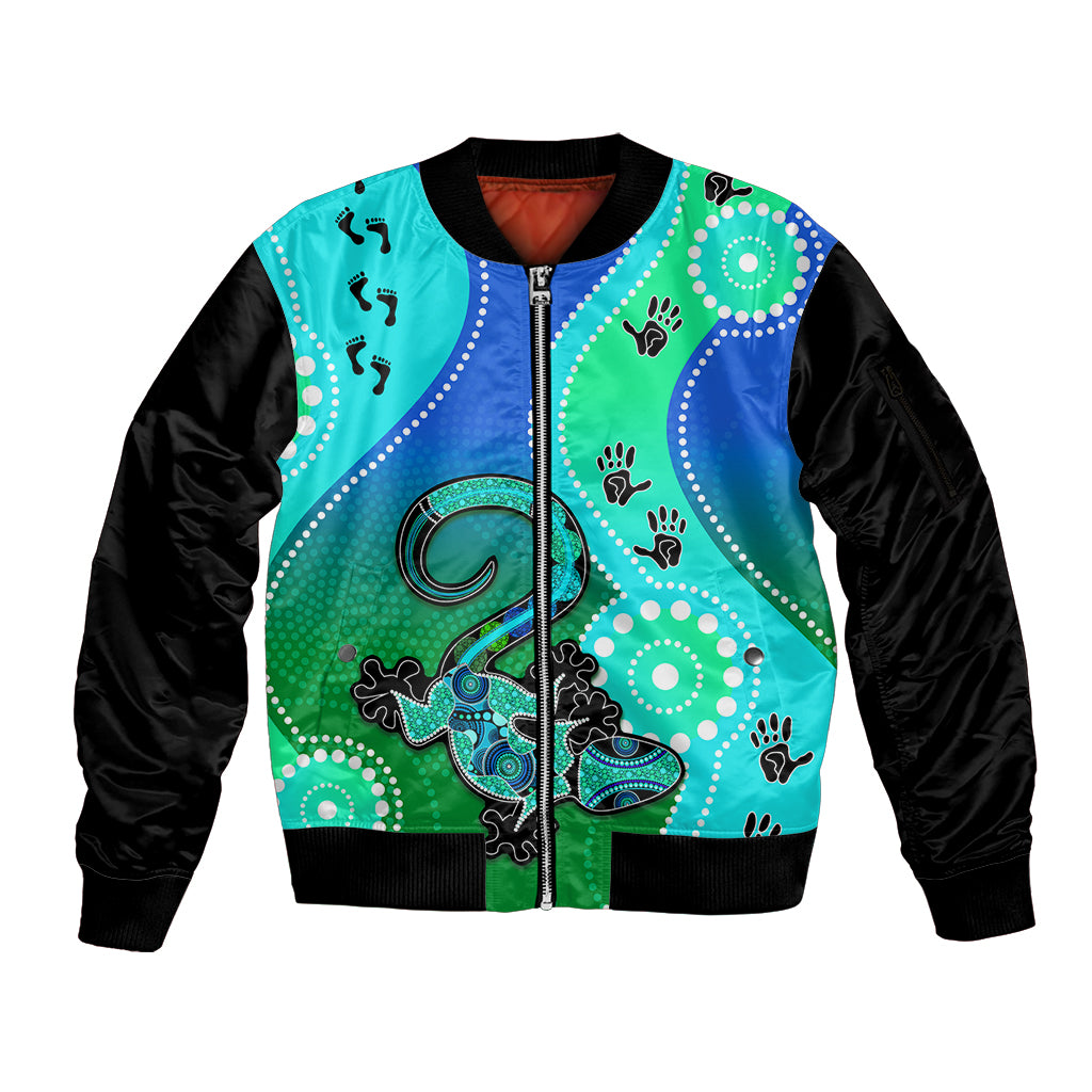 personalised-australia-lizard-sleeve-zip-bomber-jacket-aboriginal-tribal-art-stylization
