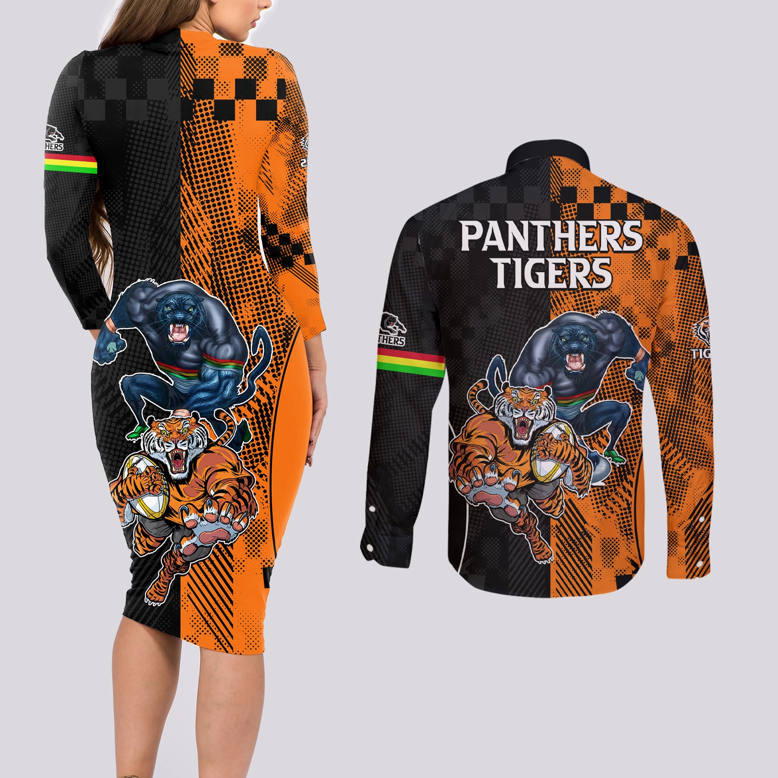 NRL Tigers Combine Panthers Rugby Couples Matching Long Sleeve Bodycon Dress and Long Sleeve Button Shirts Sporty Style LT9